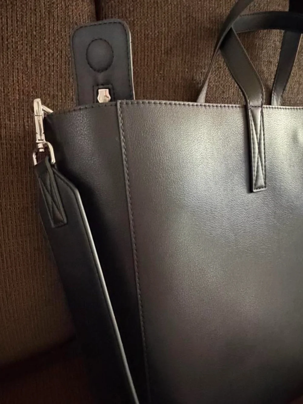 Calpak Black Leather Laptop Tote with Wide Shoulder Strap